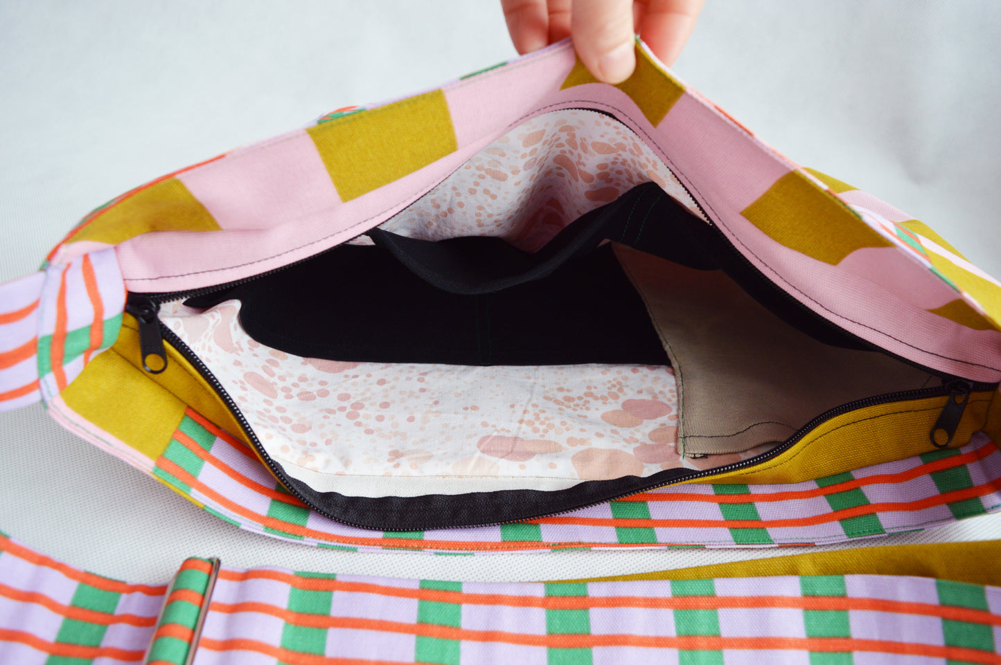 Colorful crossbody bag bike messenger bag pink green yellow geometric print