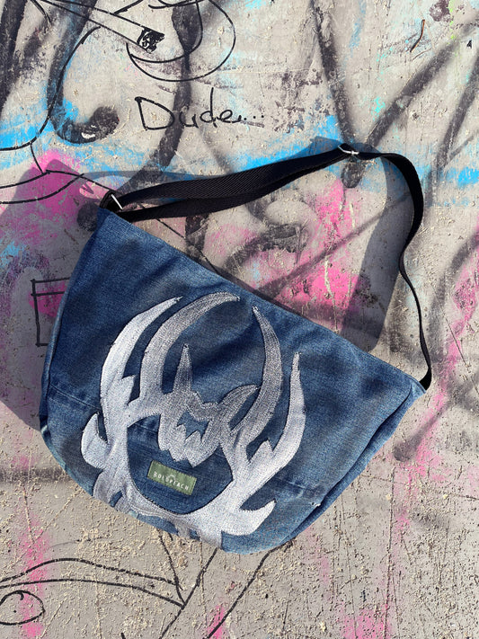 Denim blue crossbody bag messenger bag medium vegan bag OOAK vegan fashion mystic magical tattoo cybersigilism bag