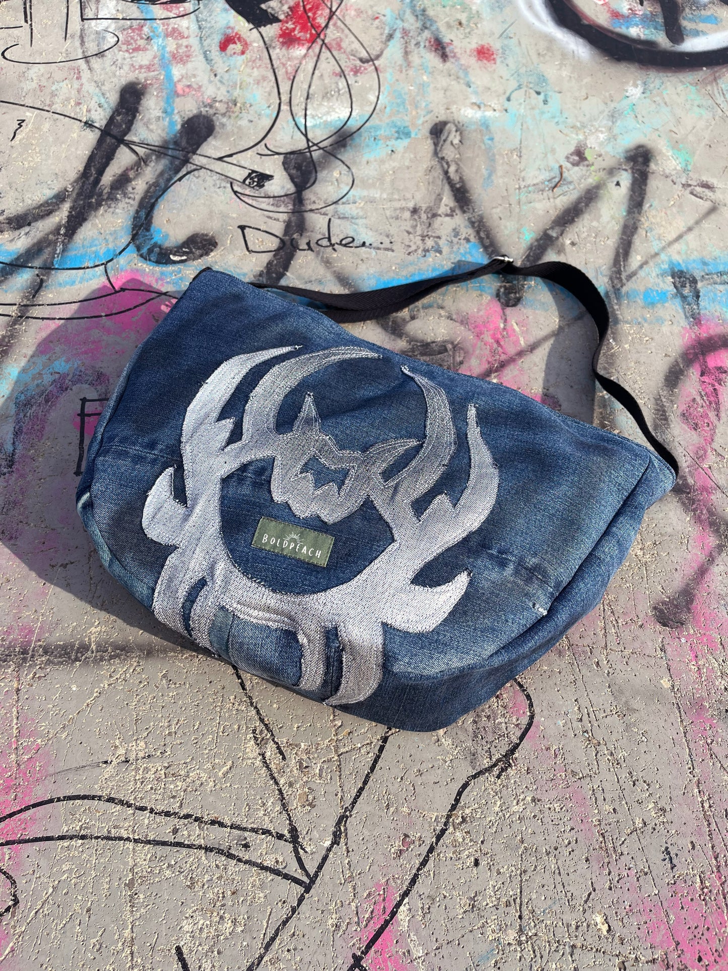 Denim blue crossbody bag messenger bag medium vegan bag OOAK vegan fashion mystic magical tattoo cybersigilism bag