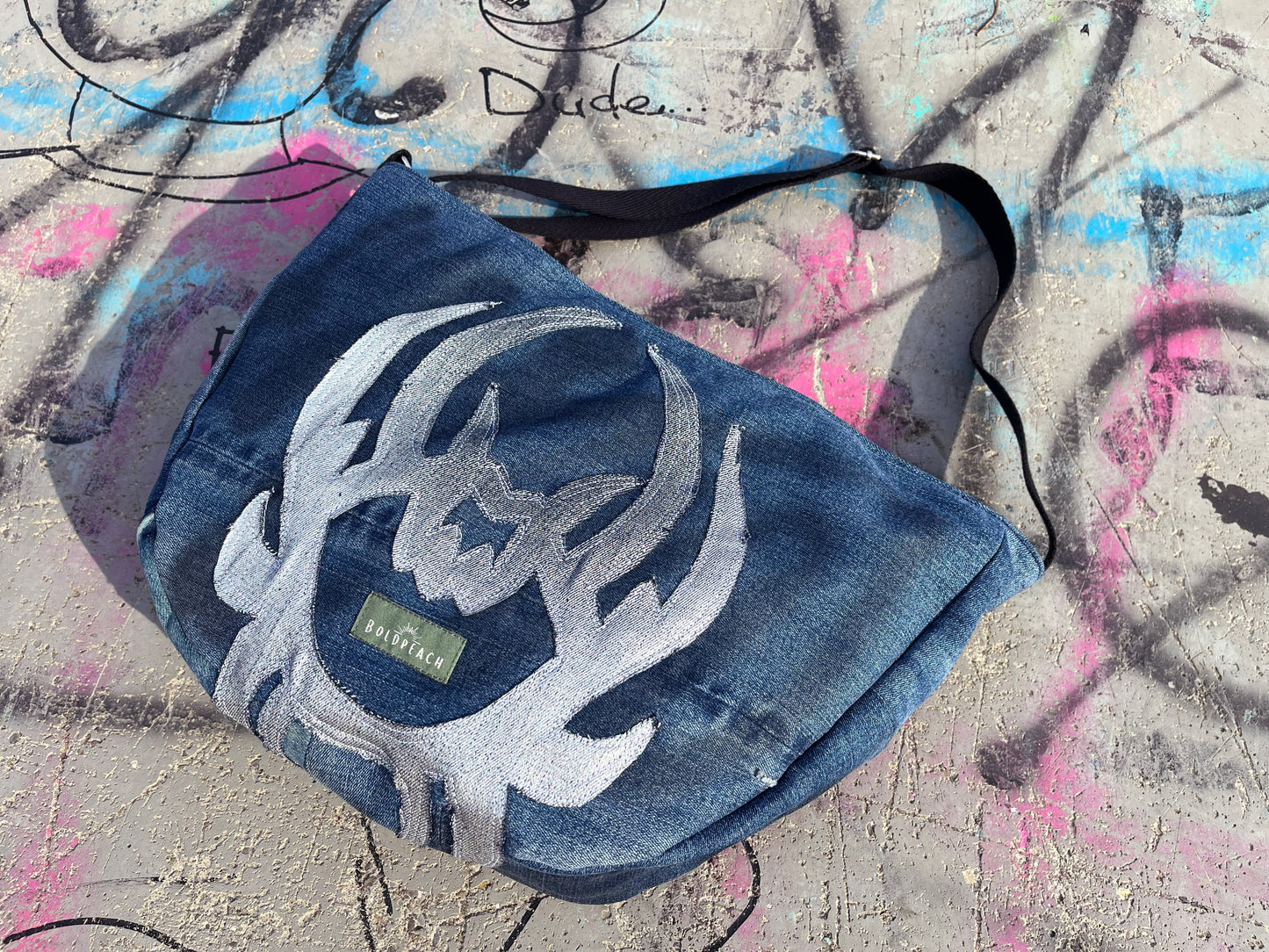 Denim blue crossbody bag messenger bag medium vegan bag OOAK vegan fashion mystic magical tattoo cybersigilism bag