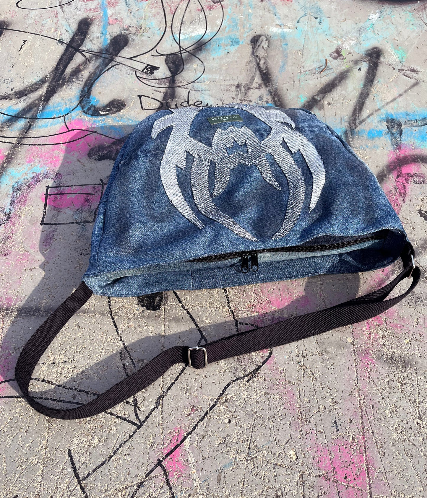 Denim blue crossbody bag messenger bag medium vegan bag OOAK vegan fashion mystic magical tattoo cybersigilism bag
