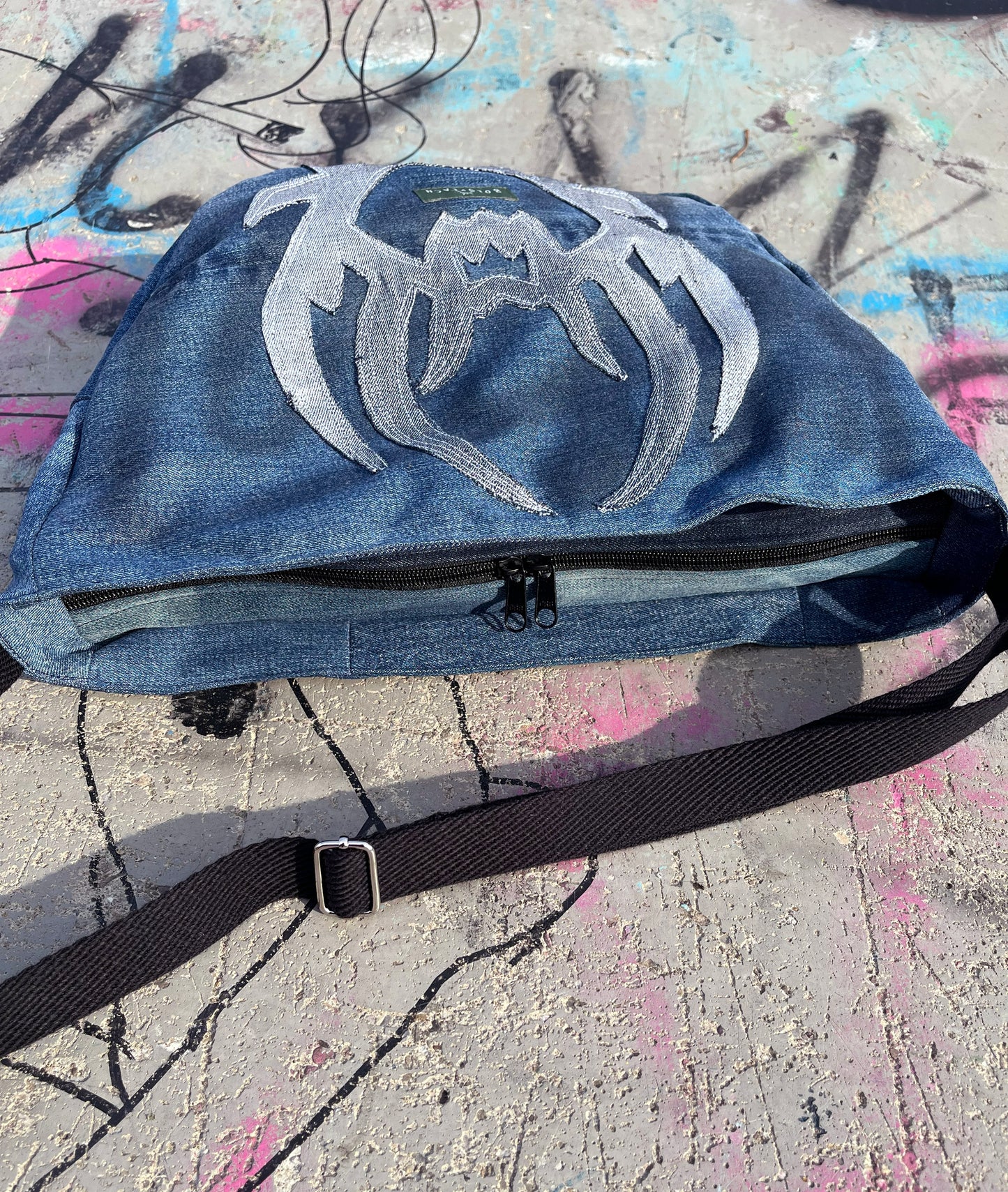 Denim blue crossbody bag messenger bag medium vegan bag OOAK vegan fashion mystic magical tattoo cybersigilism bag