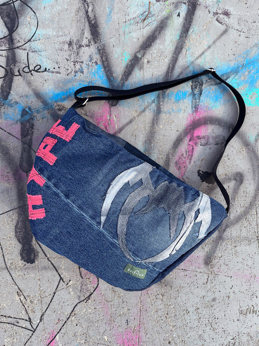 Denim blue HYPE crossbody bag messenger bag medium vegan bag OOAK vegan fashion graffiti hip-hop cybersigilism tattoo bag