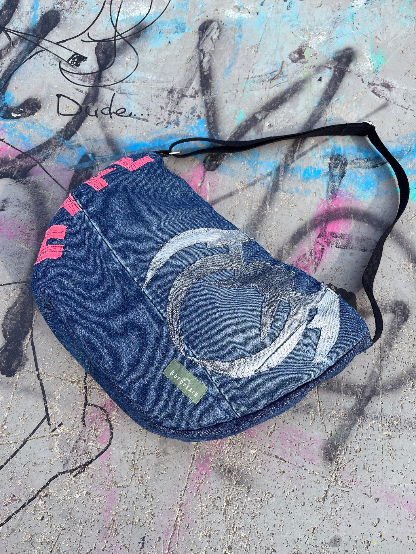 Denim blue HYPE crossbody bag messenger bag medium vegan bag OOAK vegan fashion graffiti hip-hop cybersigilism tattoo bag
