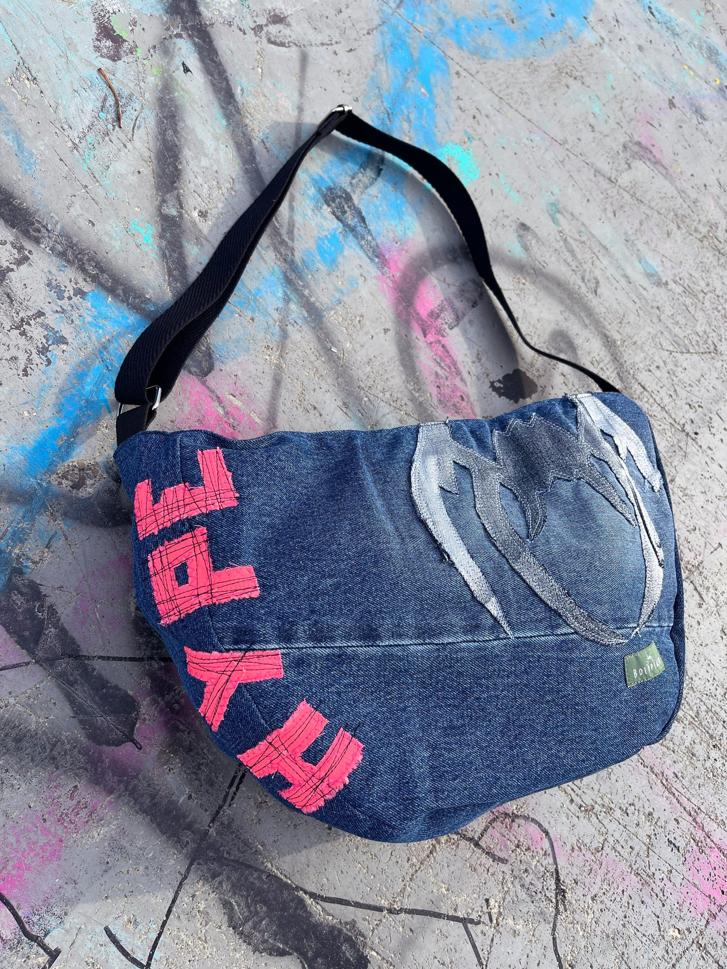 Denim blue HYPE crossbody bag messenger bag medium vegan bag OOAK vegan fashion graffiti hip-hop cybersigilism tattoo bag