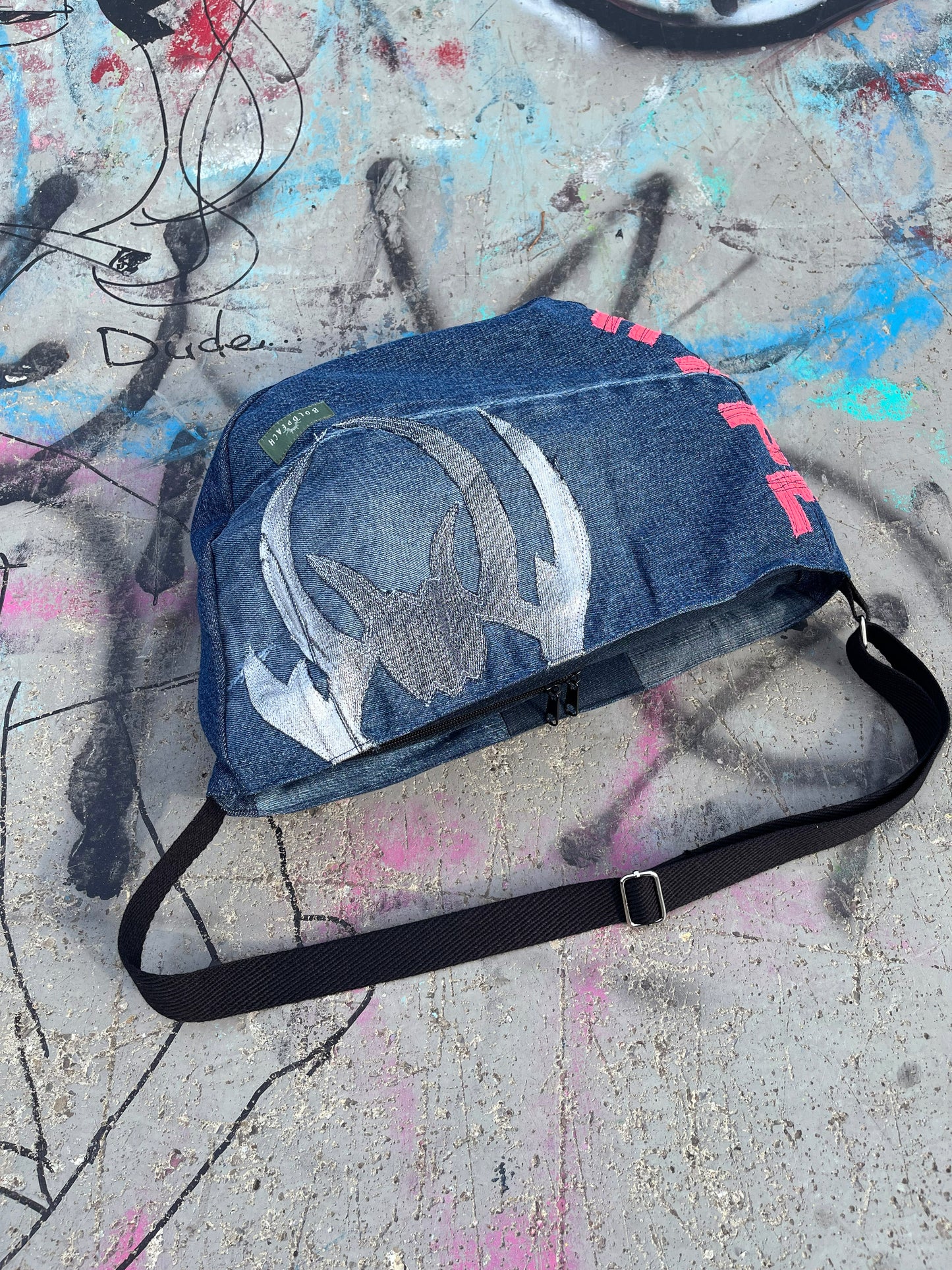 Denim blue HYPE crossbody bag messenger bag medium vegan bag OOAK vegan fashion graffiti hip-hop cybersigilism tattoo bag