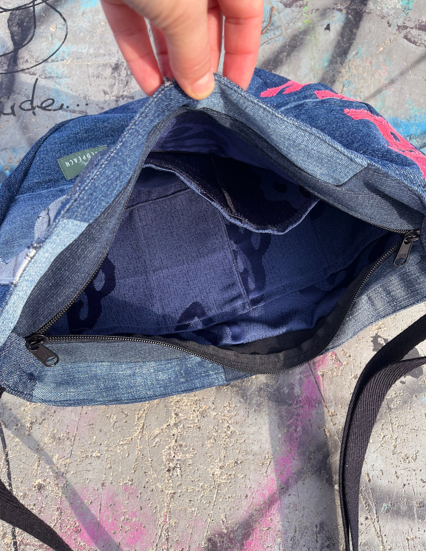 Denim blue HYPE crossbody bag messenger bag medium vegan bag OOAK vegan fashion graffiti hip-hop cybersigilism tattoo bag