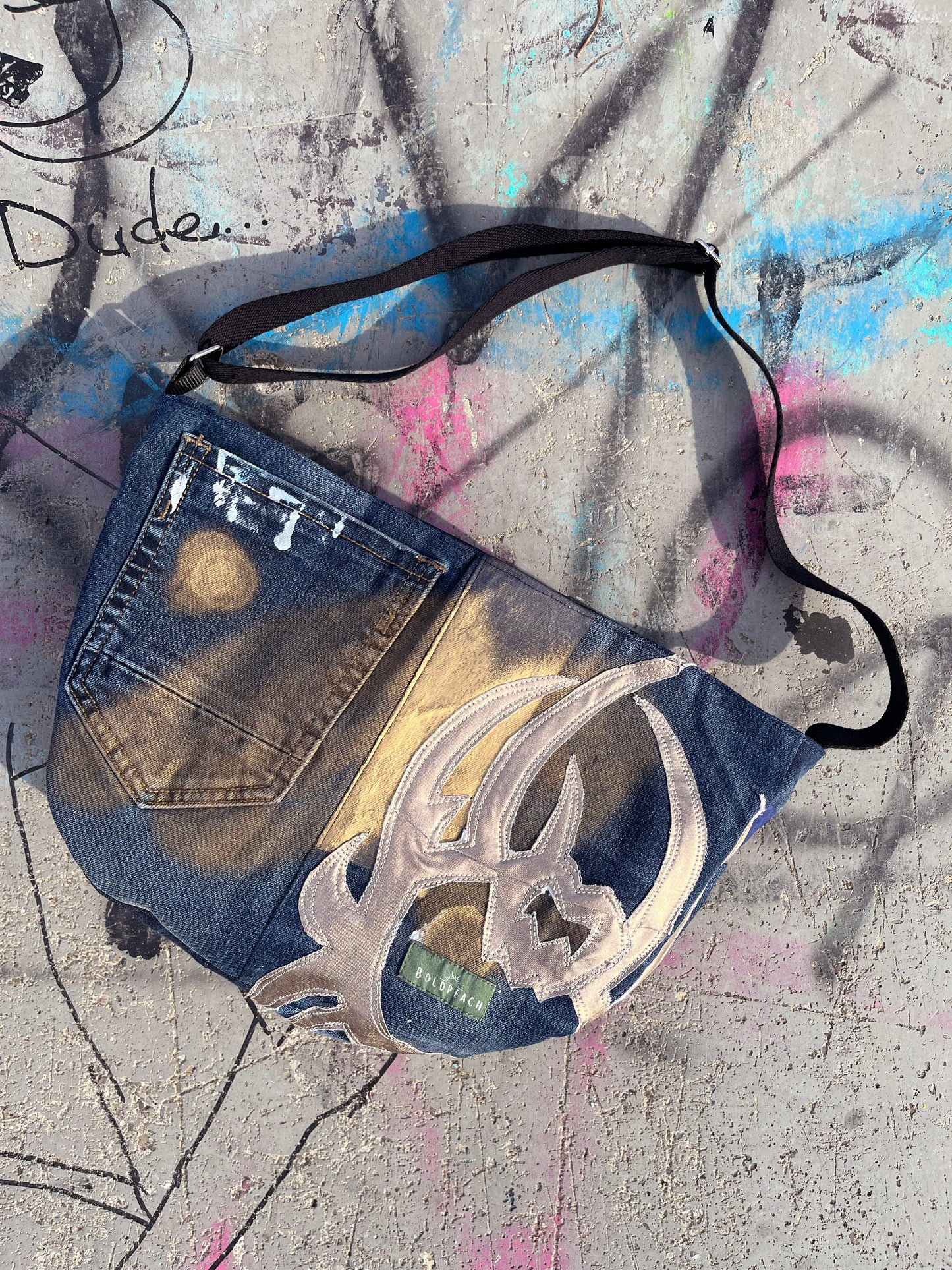Denim blue crossbody bag messenger bag medium vegan bag OOAK vegan fashion mystic magical tattoo cybersigilism bag gold graffiti