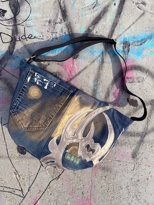 Denim blue crossbody bag messenger bag medium vegan bag OOAK vegan fashion mystic magical tattoo cybersigilism bag gold graffiti