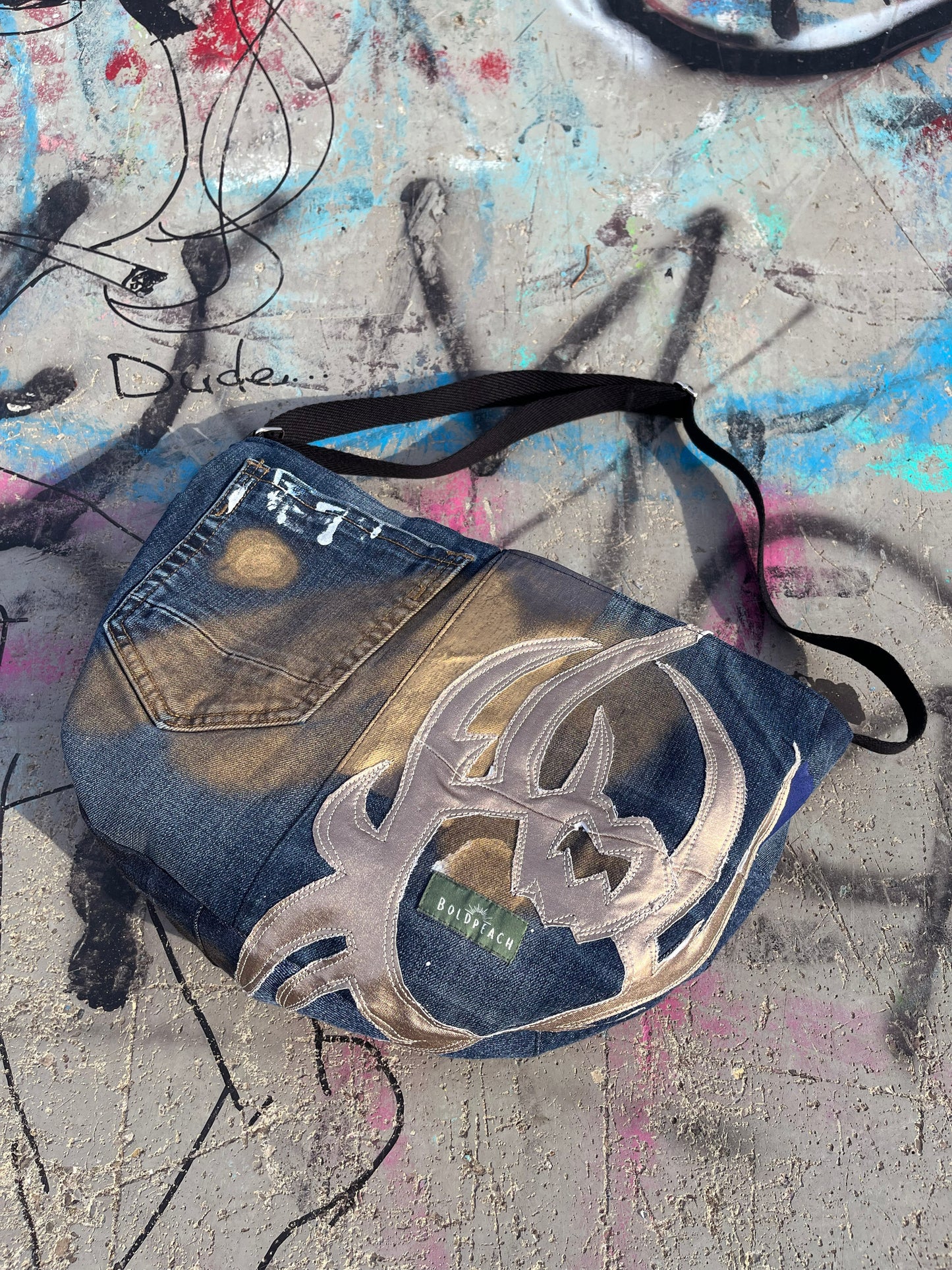 Denim blue crossbody bag messenger bag medium vegan bag OOAK vegan fashion mystic magical tattoo cybersigilism bag gold graffiti