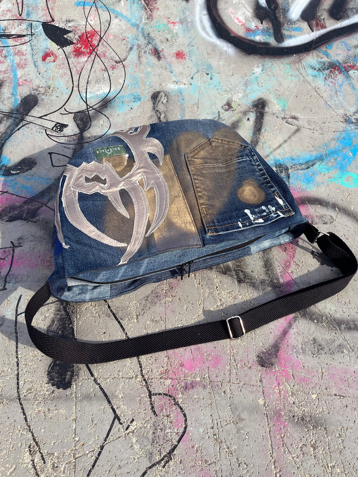 Denim blue crossbody bag messenger bag medium vegan bag OOAK vegan fashion mystic magical tattoo cybersigilism bag gold graffiti