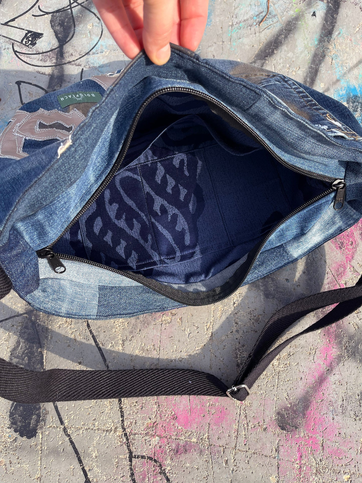 Denim blue crossbody bag messenger bag medium vegan bag OOAK vegan fashion mystic magical tattoo cybersigilism bag gold graffiti