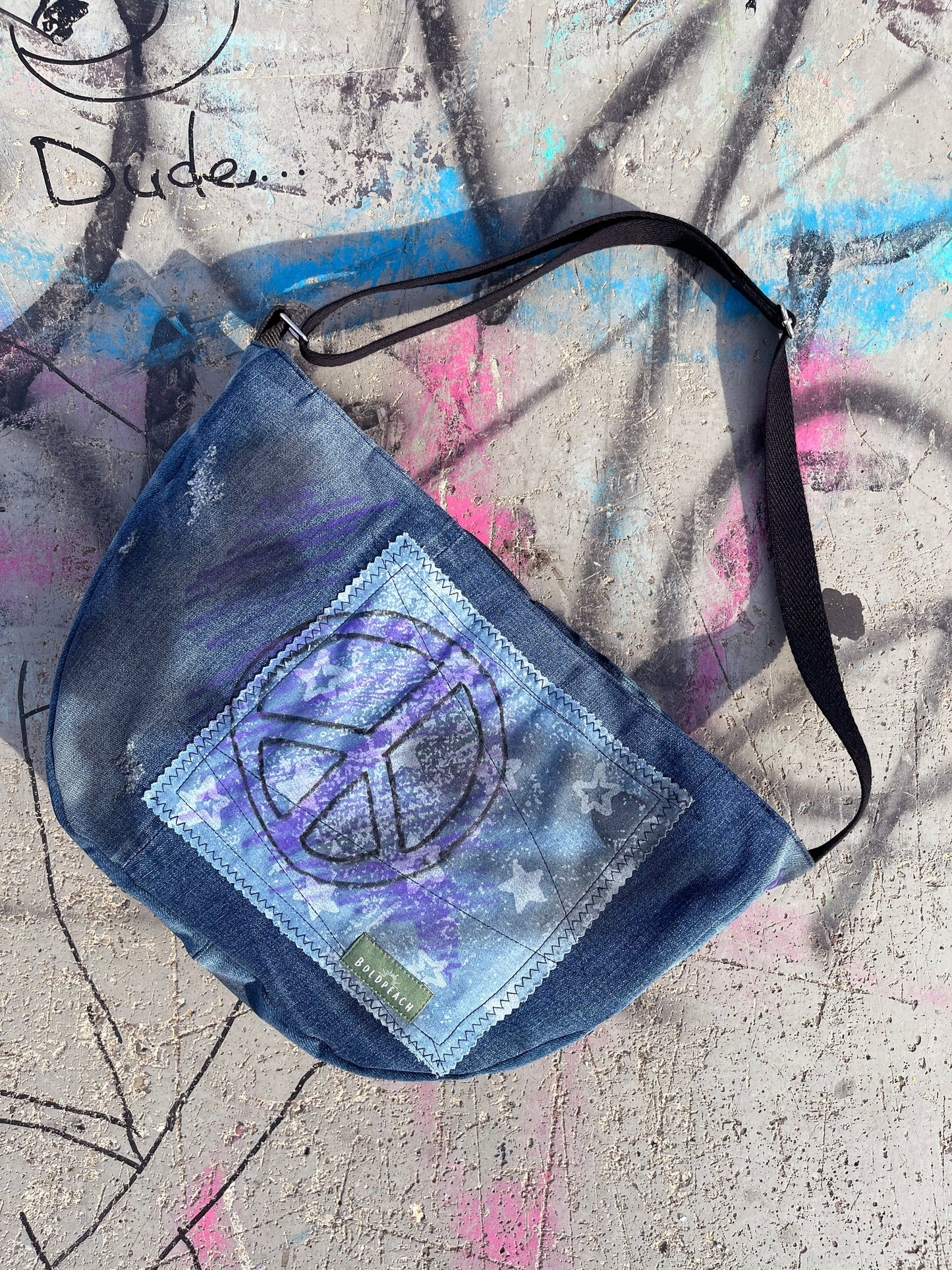 Denim blue peace graffiti crossbody bag messenger bag medium vegan bag OOAK vegan fashion