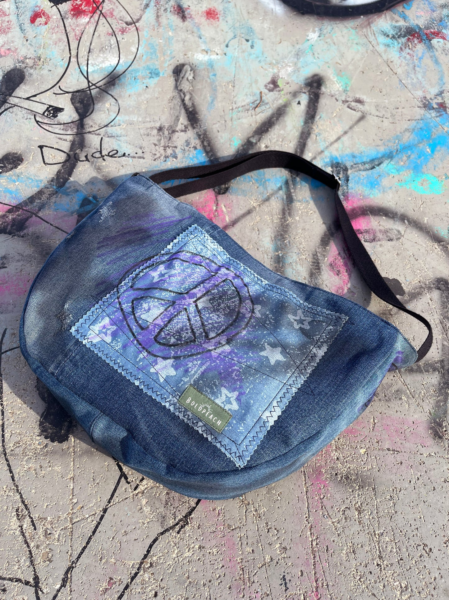 Denim blue peace graffiti crossbody bag messenger bag medium vegan bag OOAK vegan fashion