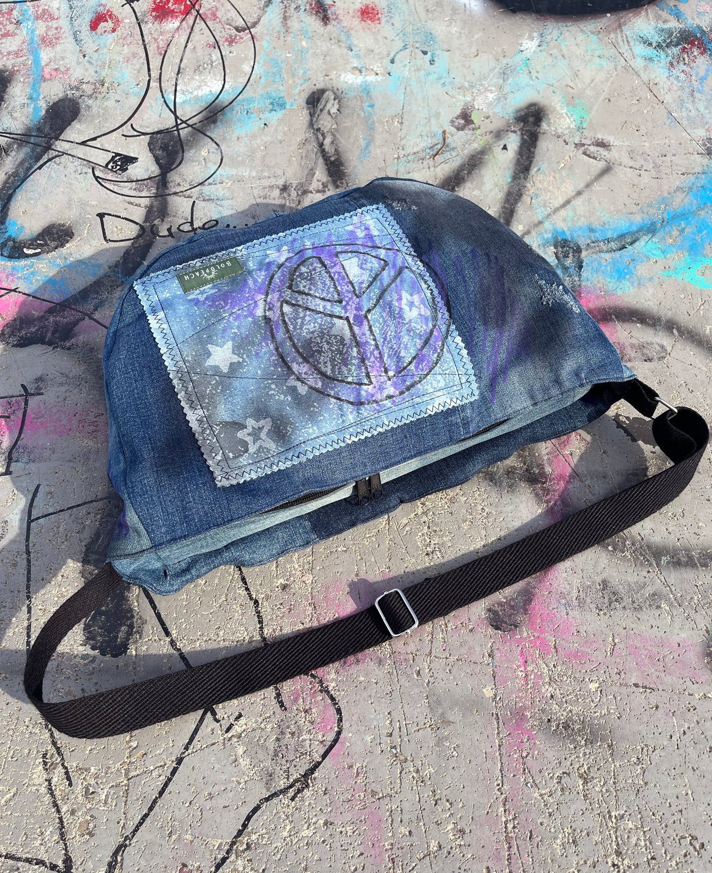 Denim blue peace graffiti crossbody bag messenger bag medium vegan bag OOAK vegan fashion