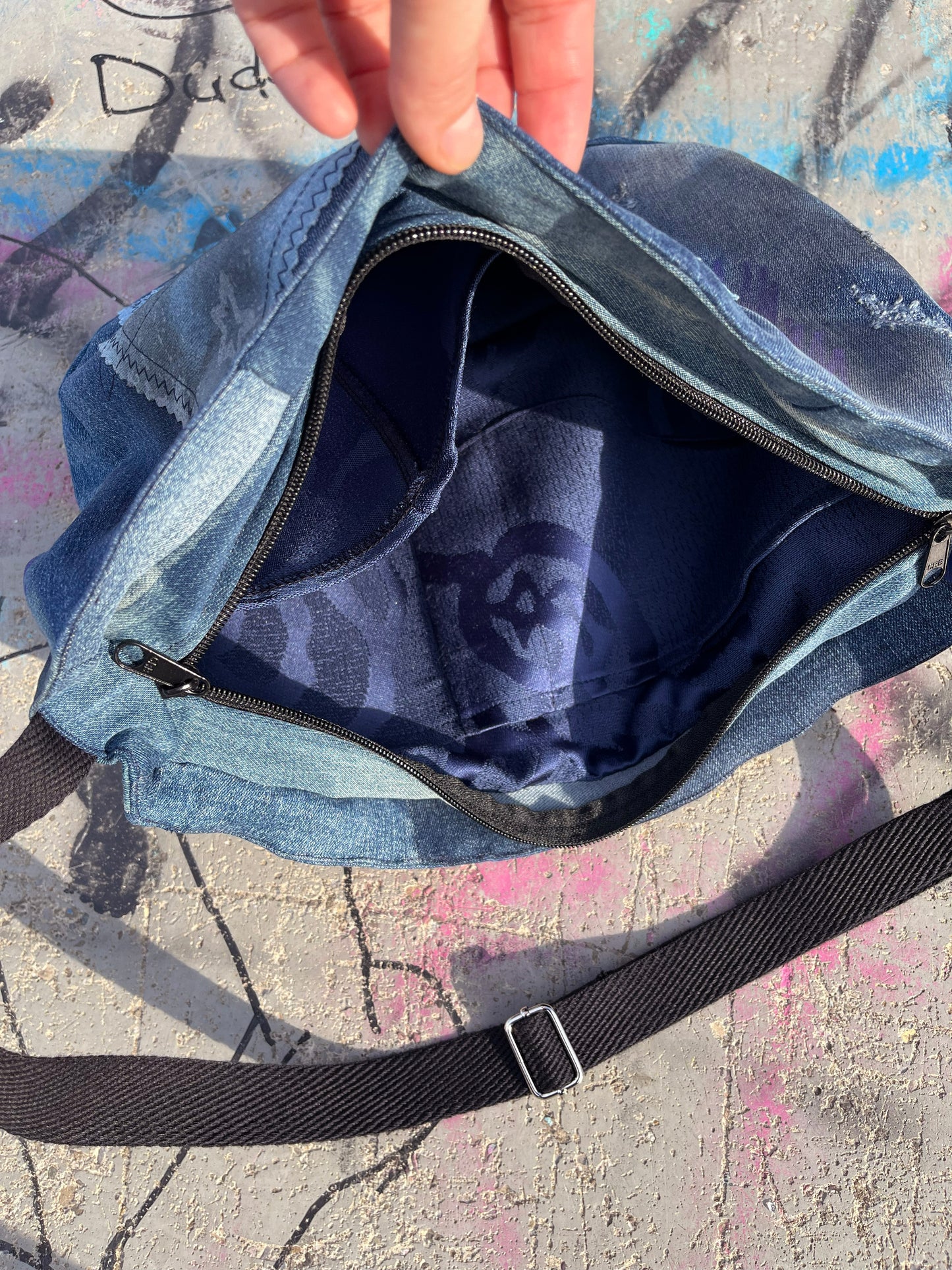 Denim blue peace graffiti crossbody bag messenger bag medium vegan bag OOAK vegan fashion