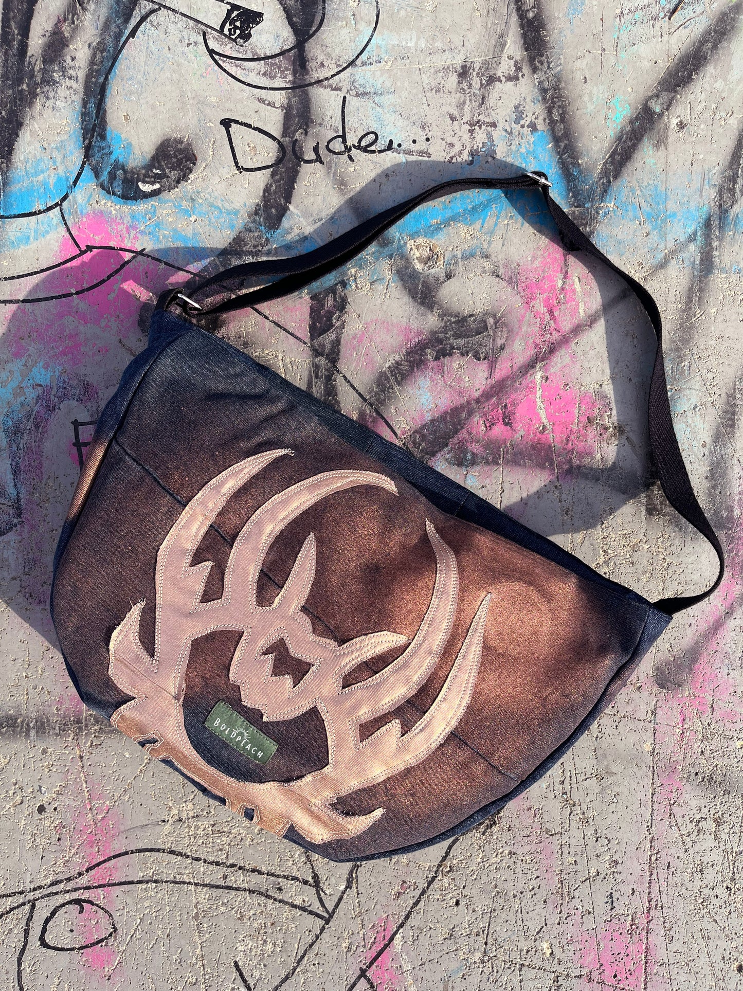 Denim blue crossbody bag copper bronze messenger bag medium vegan bag OOAK vegan fashion mystic magical tattoo cybersigilism bag graffiti