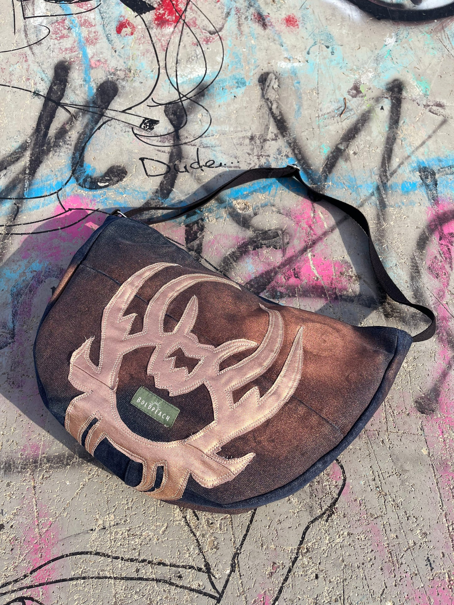 Denim blue crossbody bag copper bronze messenger bag medium vegan bag OOAK vegan fashion mystic magical tattoo cybersigilism bag graffiti