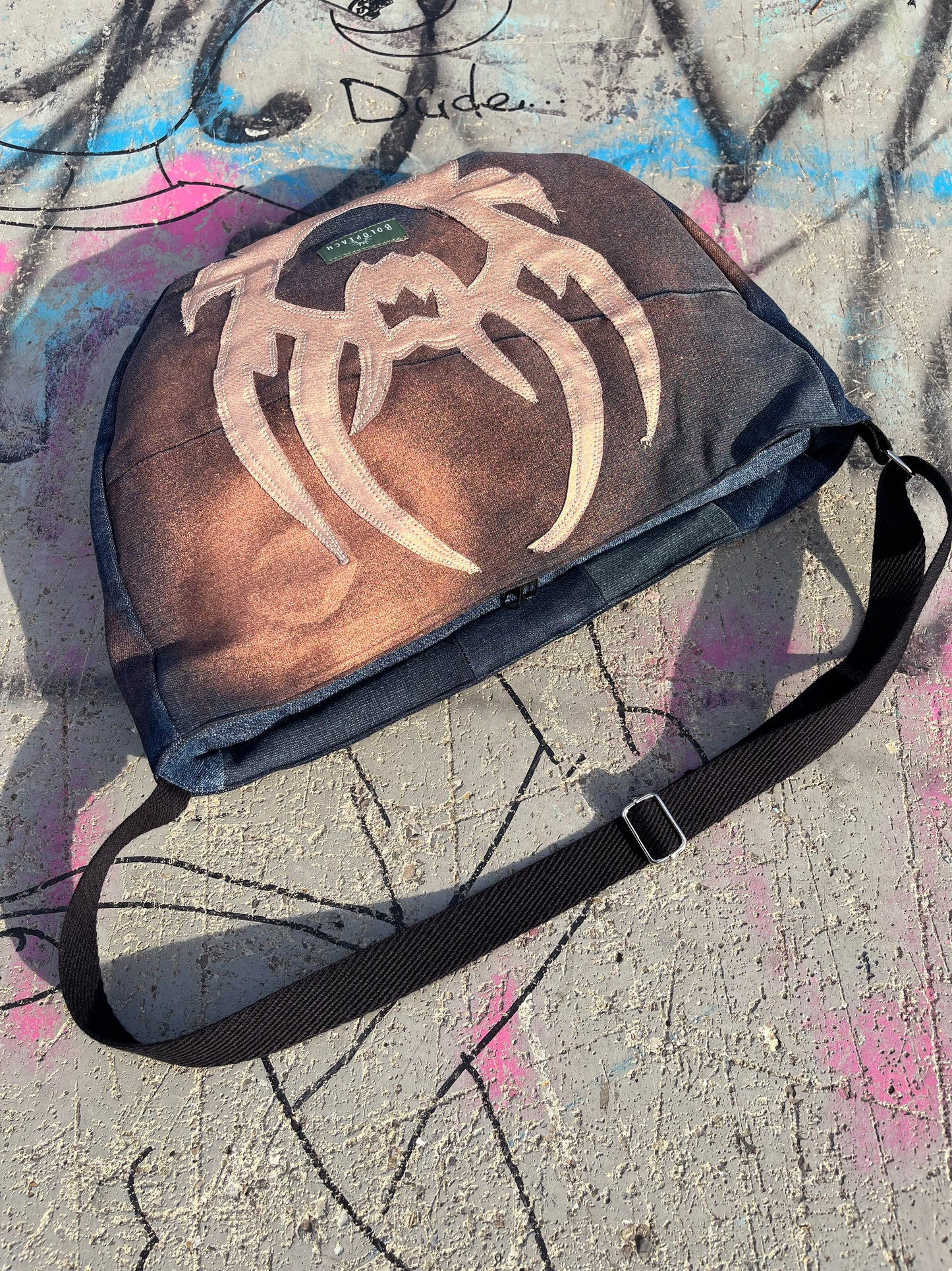 Denim blue crossbody bag copper bronze messenger bag medium vegan bag OOAK vegan fashion mystic magical tattoo cybersigilism bag graffiti