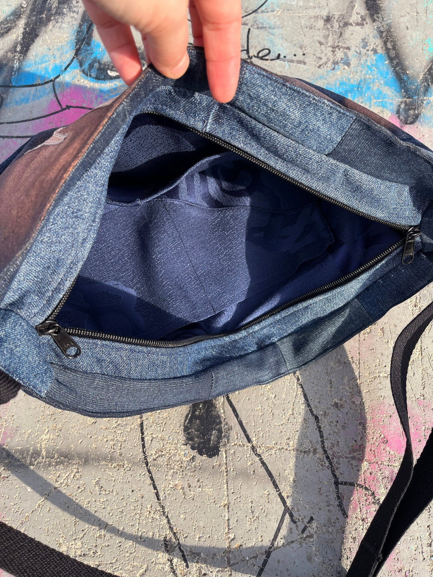 Denim blue crossbody bag copper bronze messenger bag medium vegan bag OOAK vegan fashion mystic magical tattoo cybersigilism bag graffiti