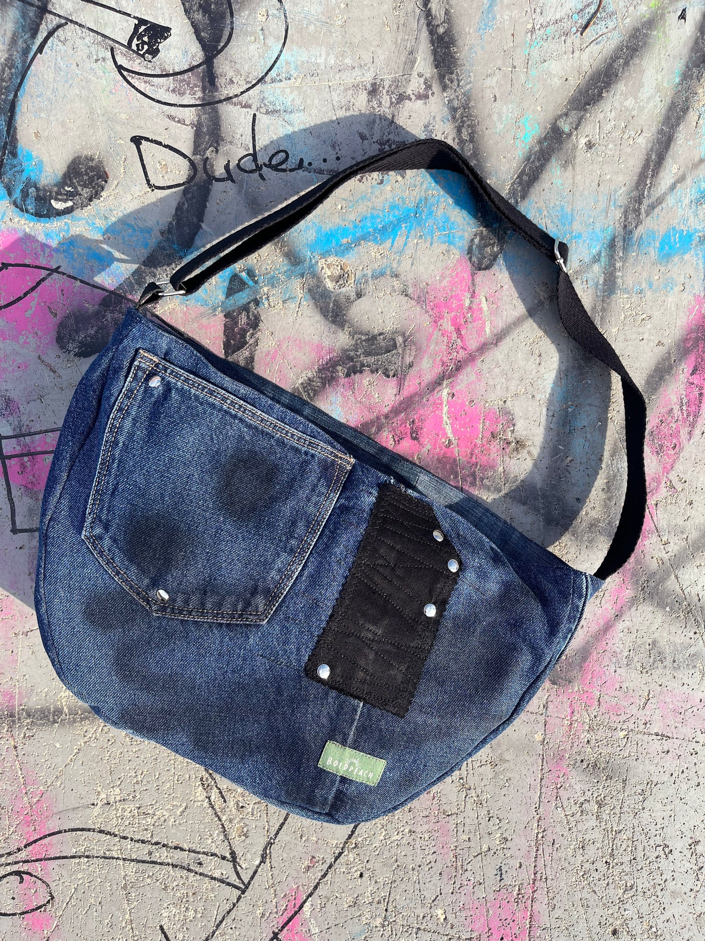 Denim blue crossbody bag messenger bag medium vegan bag OOAK vegan fashion bag graffiti hiphop style