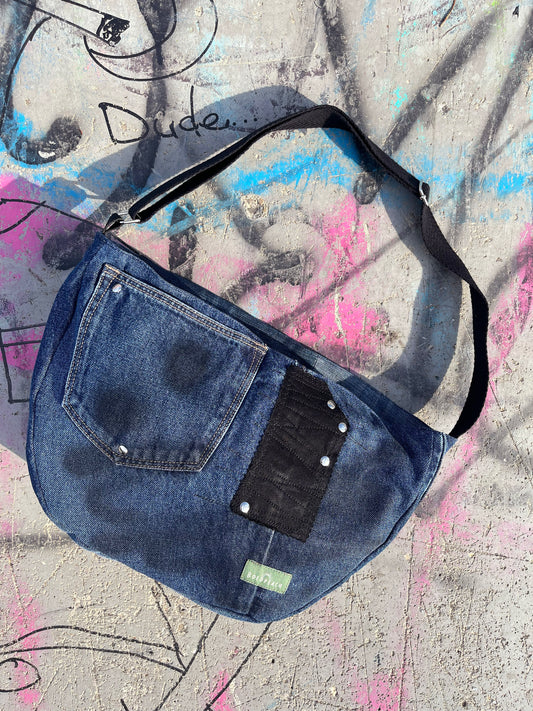 Denim blue crossbody bag messenger bag medium vegan bag OOAK vegan fashion bag graffiti hiphop style