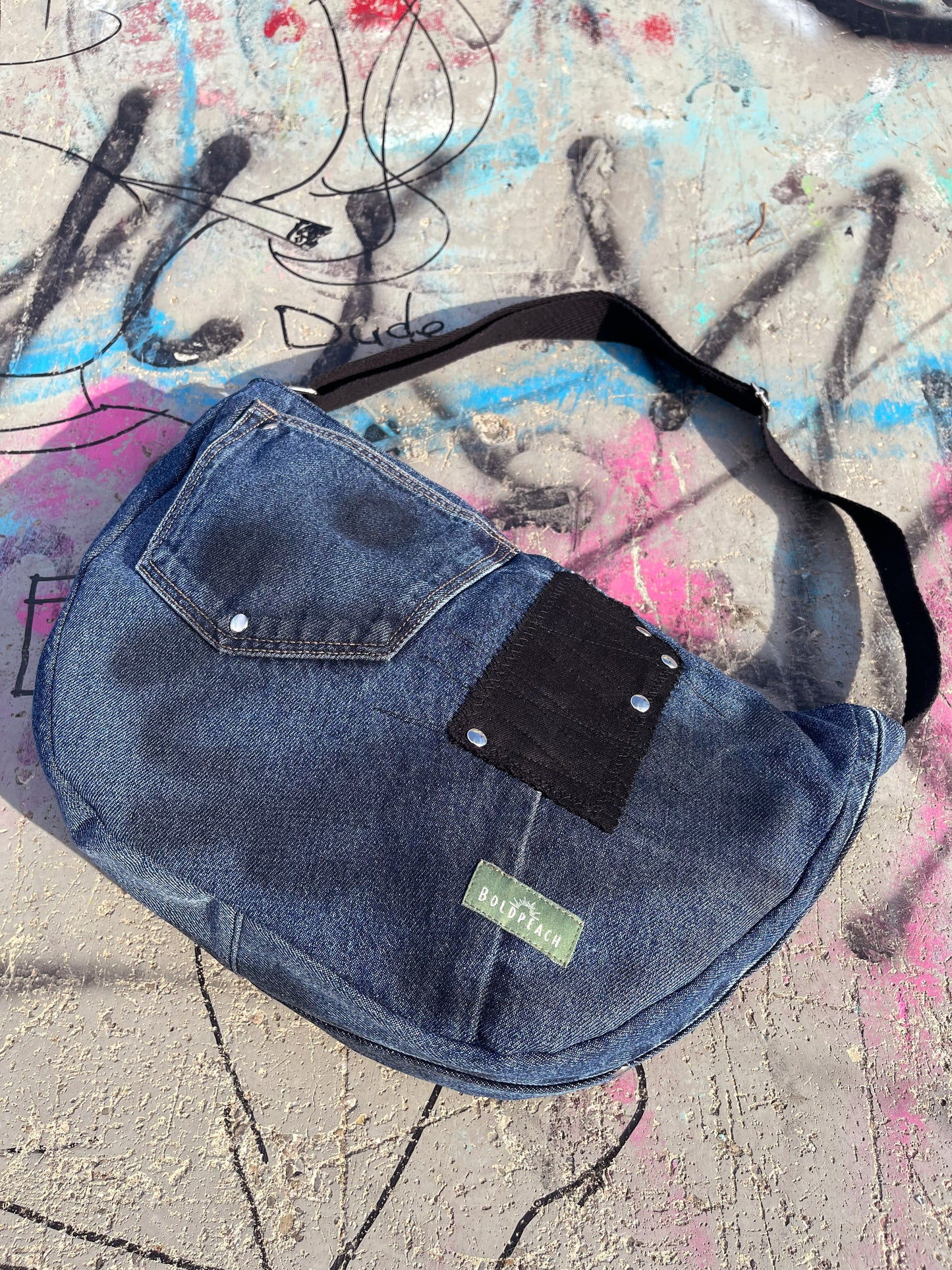 Denim blue crossbody bag messenger bag medium vegan bag OOAK vegan fashion bag graffiti hiphop style
