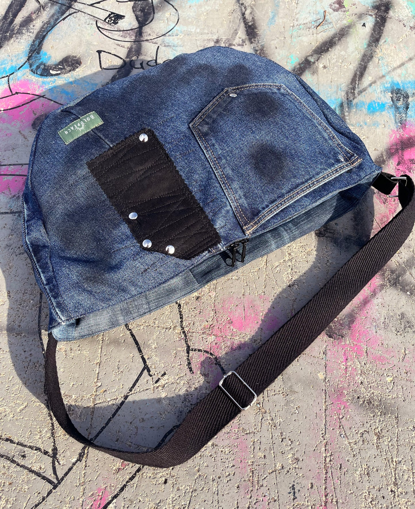 Denim blue crossbody bag messenger bag medium vegan bag OOAK vegan fashion bag graffiti hiphop style