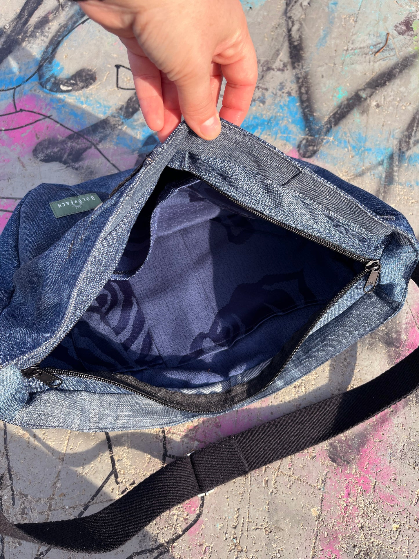 Denim blue crossbody bag messenger bag medium vegan bag OOAK vegan fashion bag graffiti hiphop style
