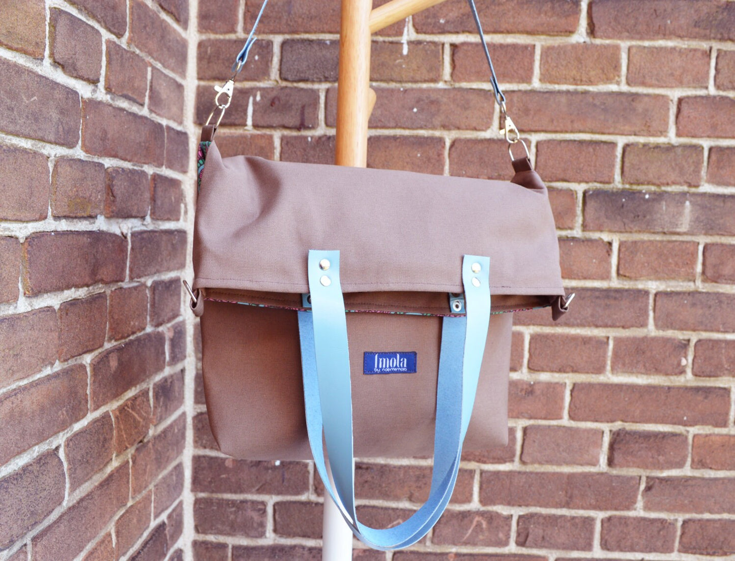 Large fold over canvas tote bag shopping bag casual fold over tote school bag brown book bag variable tote leaf nature bag cinnamon slate