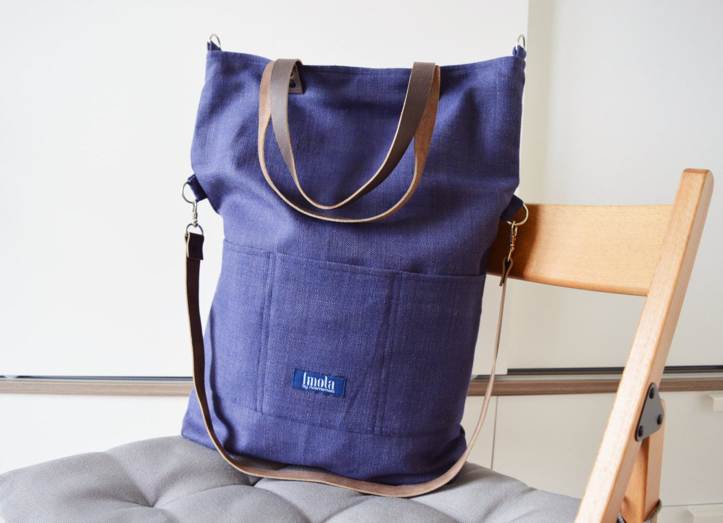 Large fold over canvas tote bag shopping bag casual fold over tote school bag blue-brown book bag variable tote crossbody messenger indigo