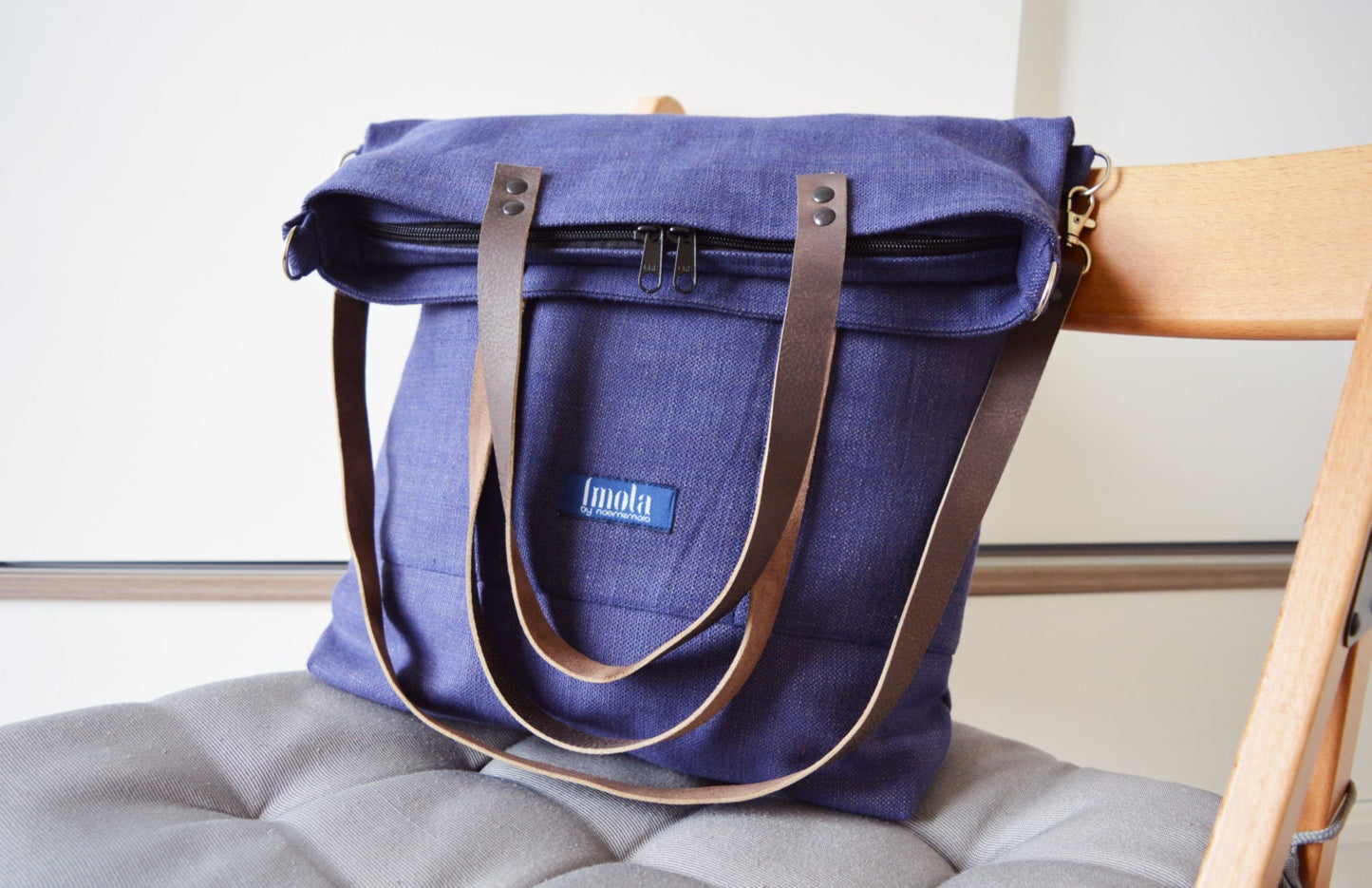 Large fold over canvas tote bag shopping bag casual fold over tote school bag blue-brown book bag variable tote crossbody messenger indigo