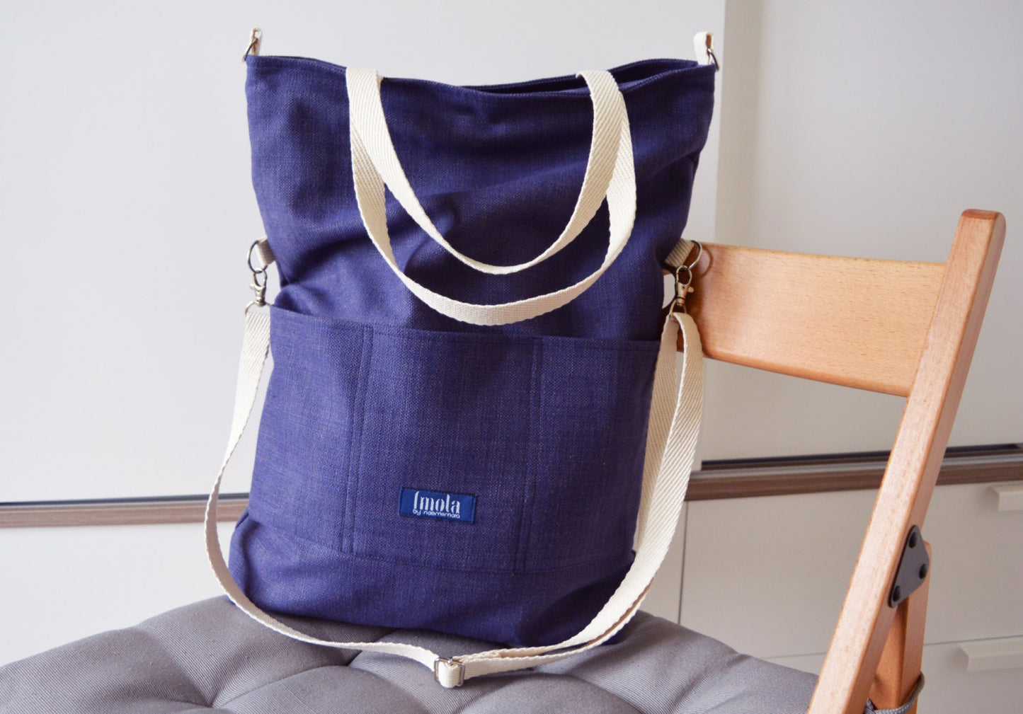 Large fold over canvas tote bag shopping bag casual fold over tote vegan school bag blue-beige book bag variable indigo crossbody messenger