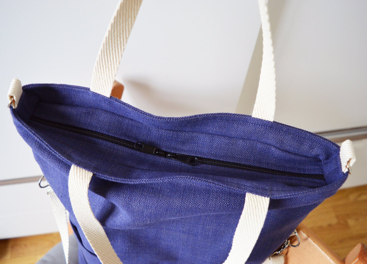 Large fold over canvas tote bag shopping bag casual fold over tote vegan school bag blue-beige book bag variable indigo crossbody messenger