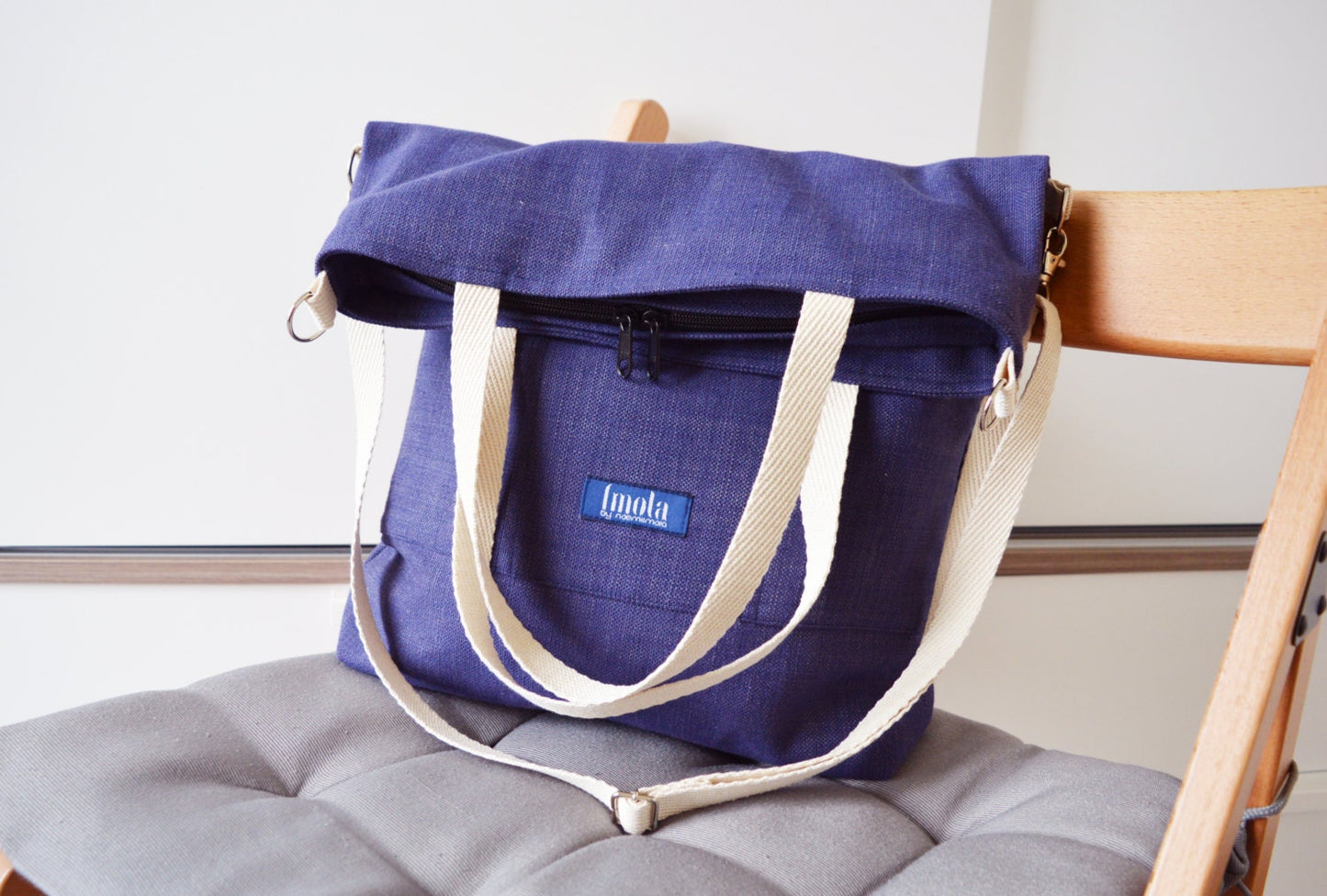 Large fold over canvas tote bag shopping bag casual fold over tote vegan school bag blue-beige book bag variable indigo crossbody messenger