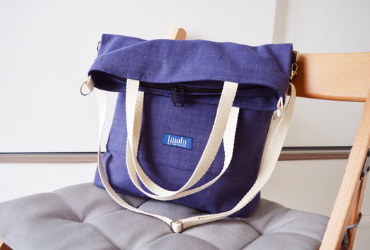 Large fold over canvas tote bag shopping bag casual fold over tote vegan school bag blue-beige book bag variable indigo crossbody messenger