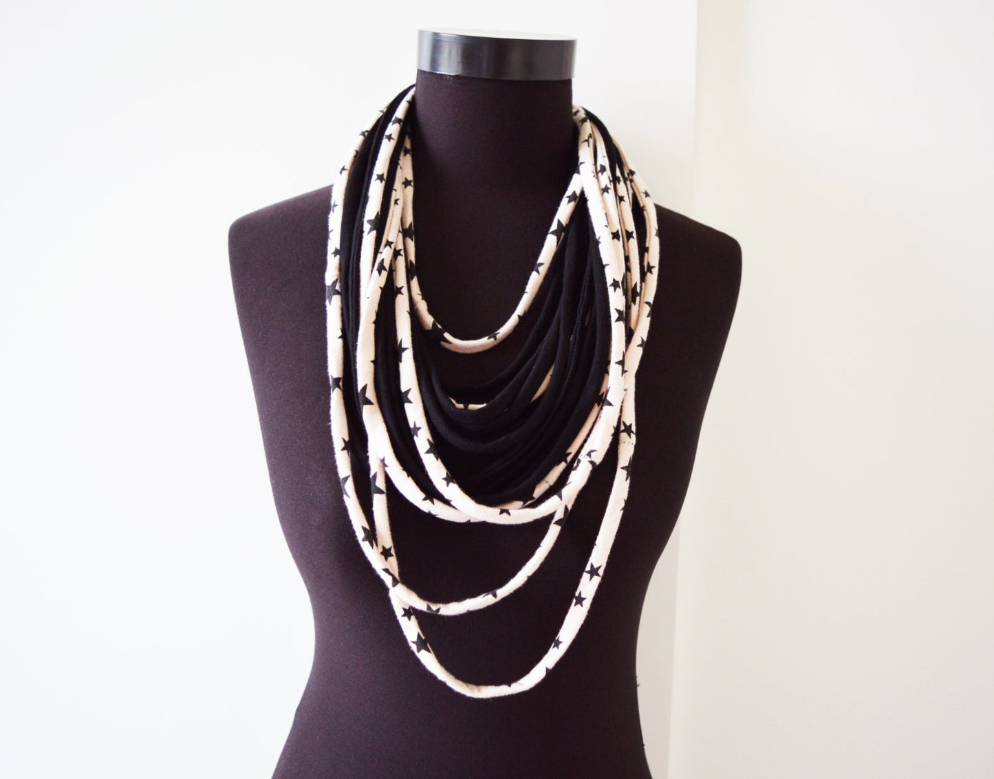 SALE! Black stars necklace neck ornament loop scarf infinity scarf round scarf hoop star off white cream beige and black