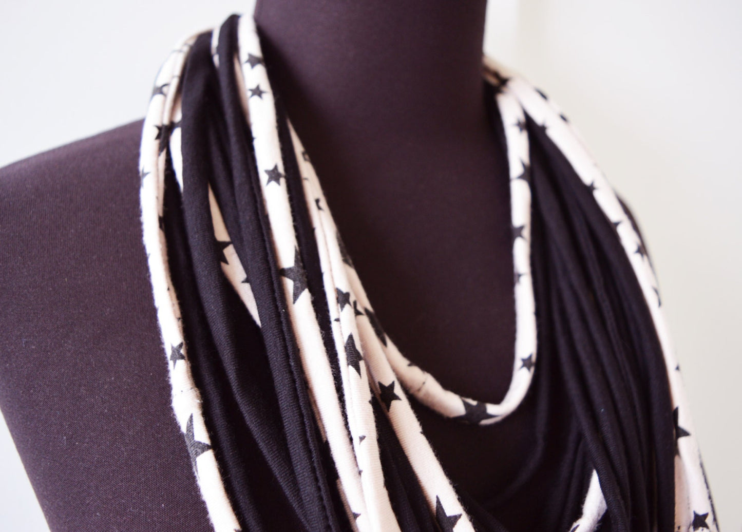 SALE! Black stars necklace neck ornament loop scarf infinity scarf round scarf hoop star off white cream beige and black