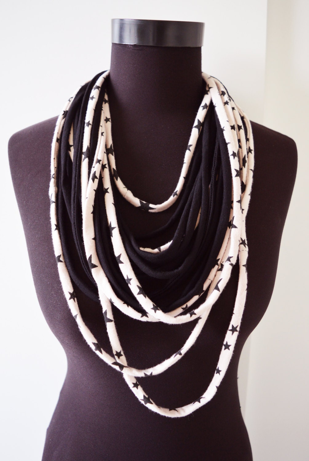 SALE! Black stars necklace neck ornament loop scarf infinity scarf round scarf hoop star off white cream beige and black