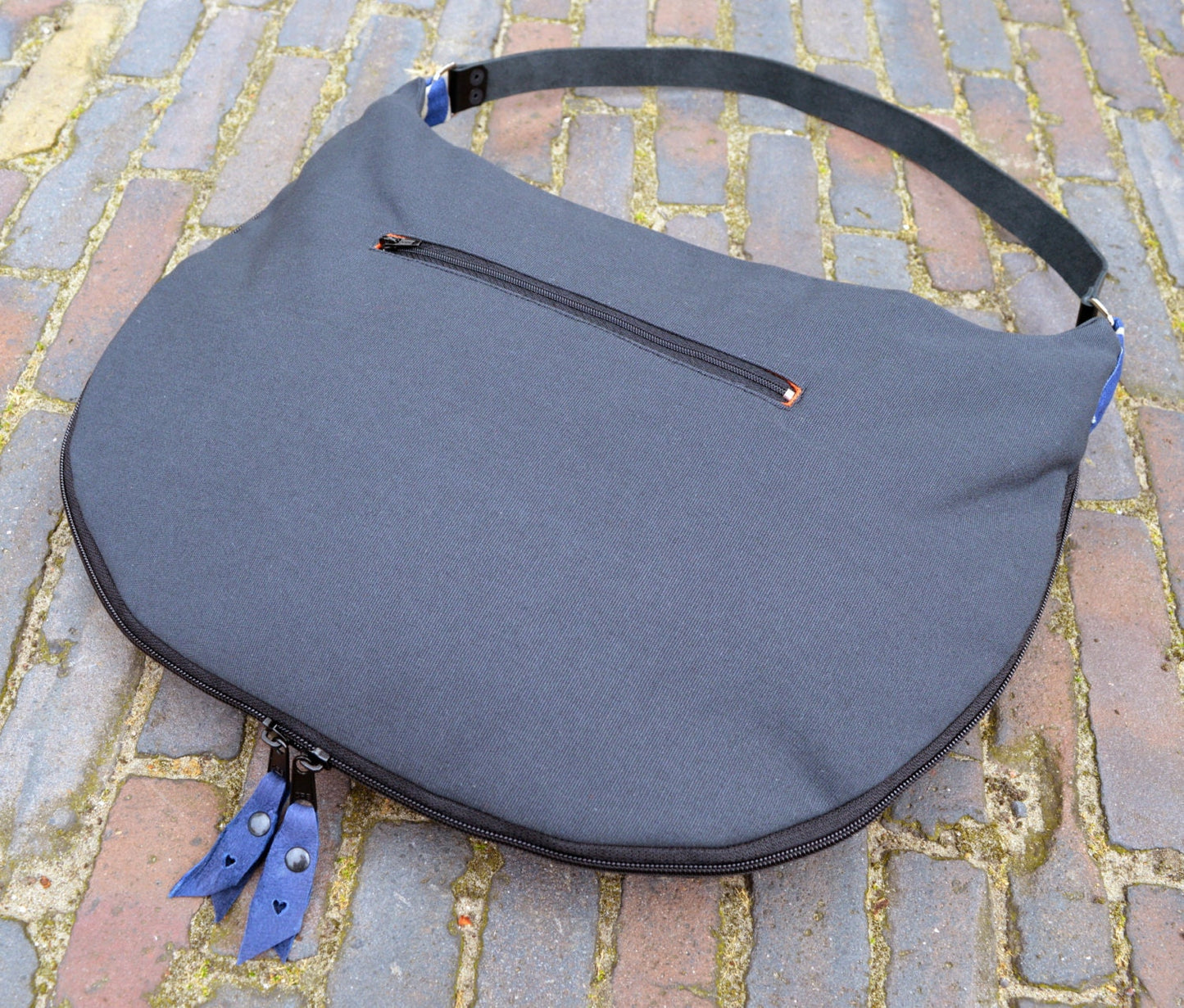 Blue gray purse simple increasable large purse handbag shoulder bag canvas bag real genuine leather black strap elegant everyday purse OOAK