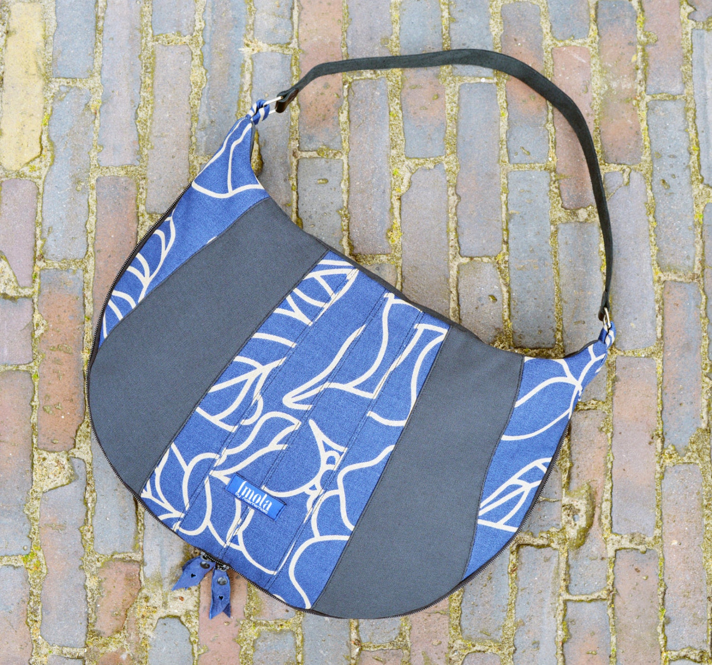 Blue gray purse simple increasable large purse handbag shoulder bag canvas bag real genuine leather black strap elegant everyday purse OOAK