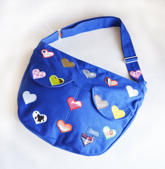 Colorful multi coloured blue crossbody bag bike messenger bag with applique hearts boheme hippie rainbow happy cycling bag