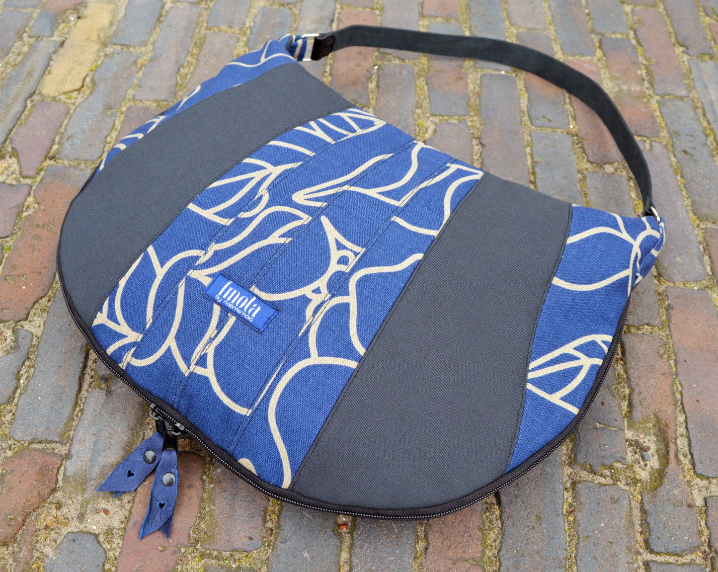 Blue gray purse simple increasable large purse handbag shoulder bag canvas bag real genuine leather black strap elegant everyday purse OOAK