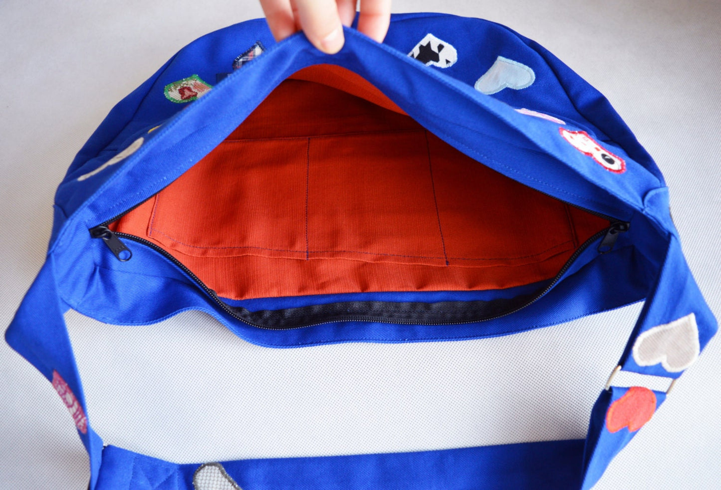 Colorful multi coloured blue crossbody bag bike messenger bag with applique hearts boheme hippie rainbow happy cycling bag