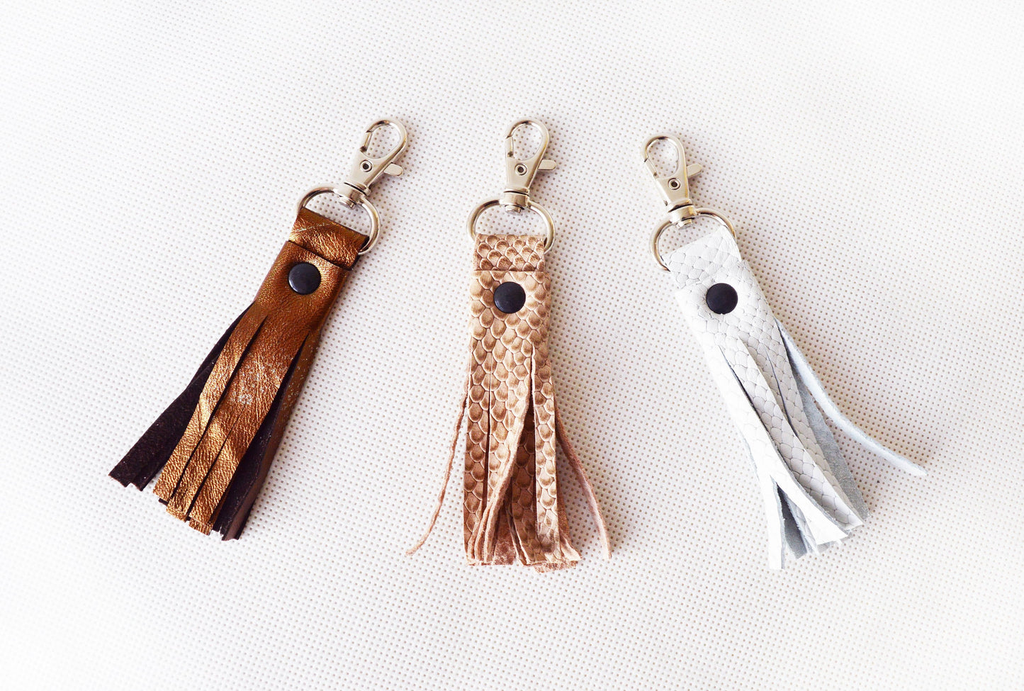 Genuine leather tassel keychain bag accessories white snake bronze beige snake