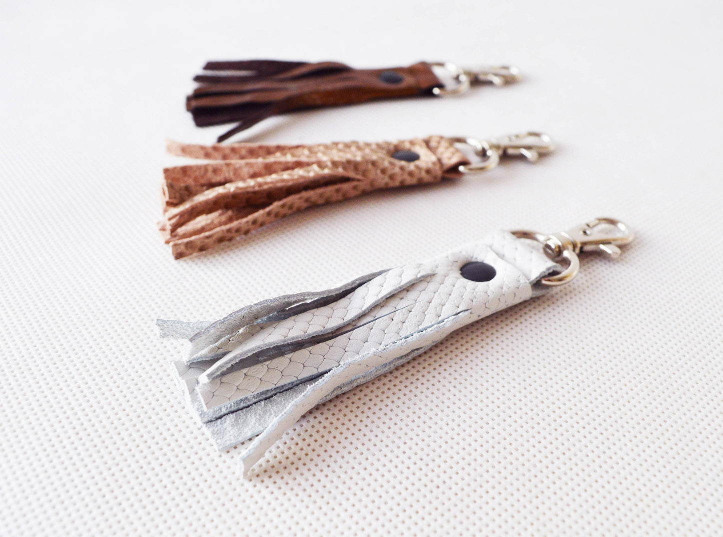 Genuine leather tassel keychain bag accessories white snake bronze beige snake