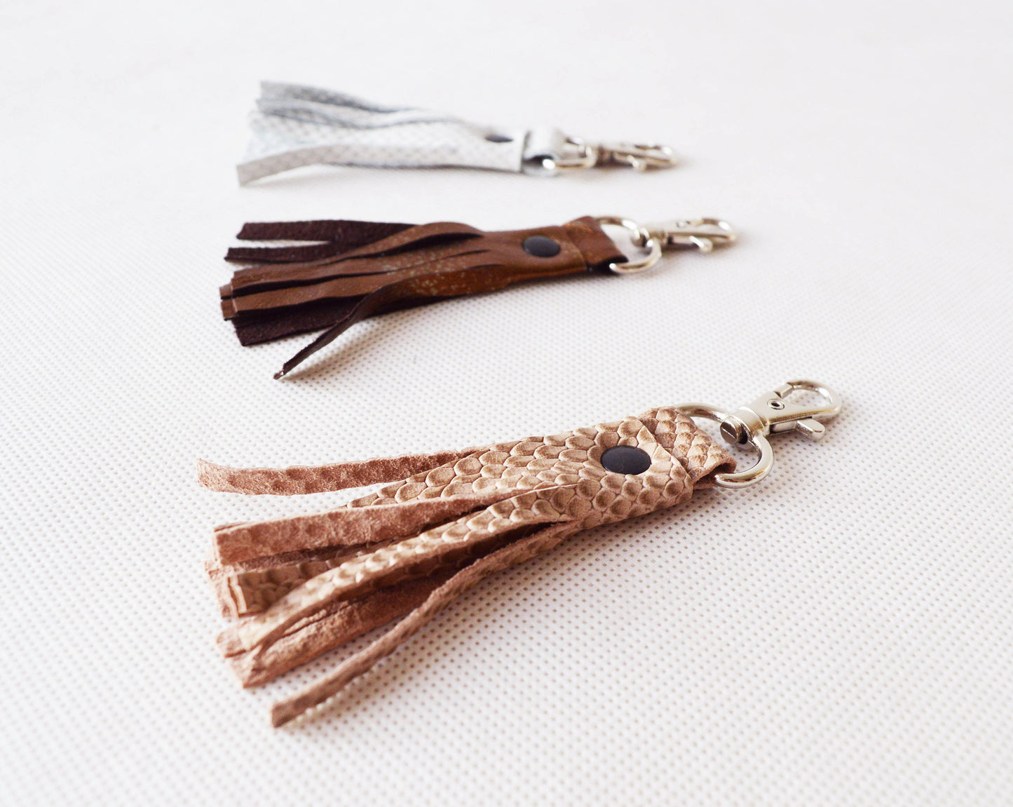 Genuine leather tassel keychain bag accessories white snake bronze beige snake