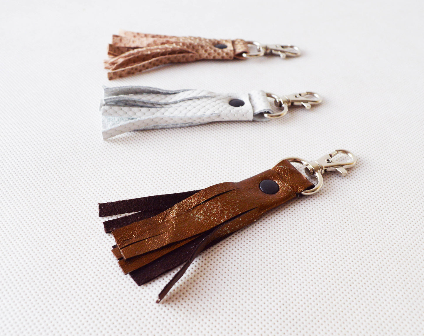 Genuine leather tassel keychain bag accessories white snake bronze beige snake