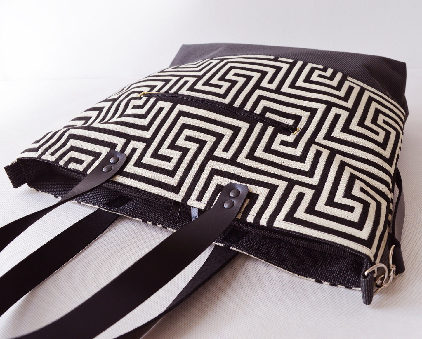 Large canvas tote bag shopping bag casual tote school bag black greek labyrinth pattern book bag black leather strap classy crossbody bag