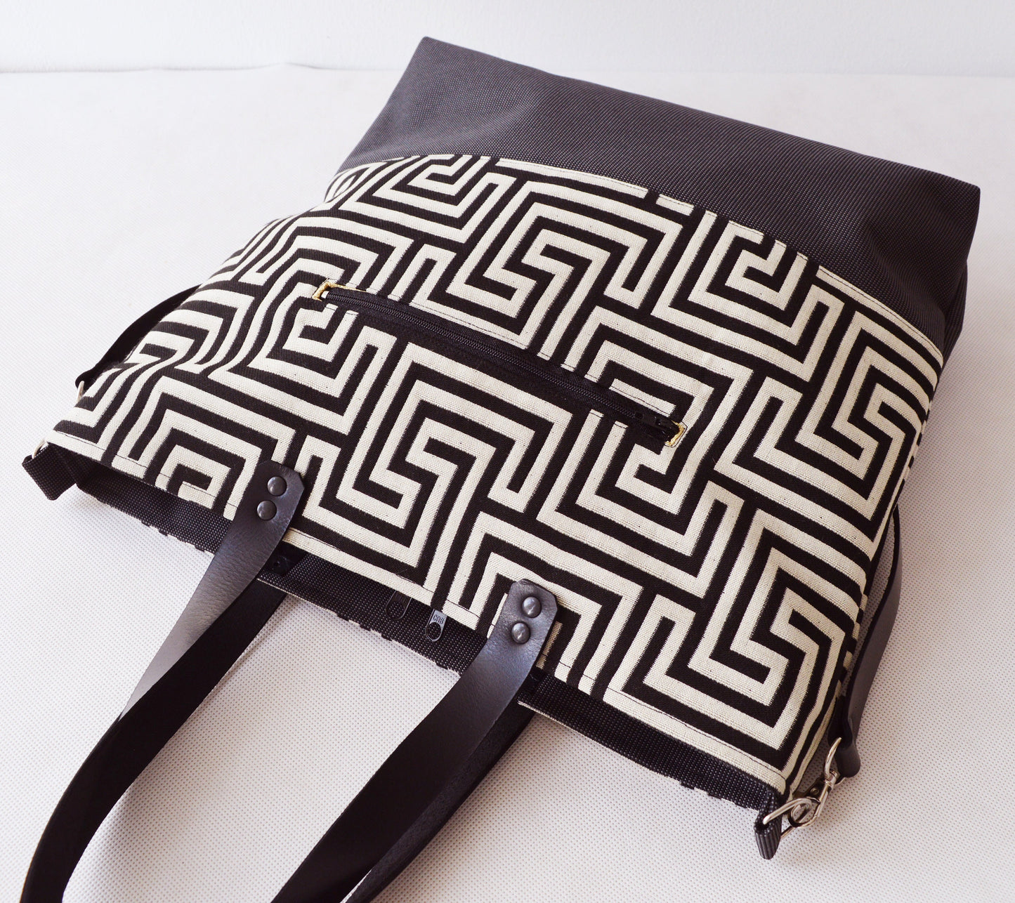 Large canvas tote bag shopping bag casual tote school bag black greek labyrinth pattern book bag black leather strap classy crossbody bag